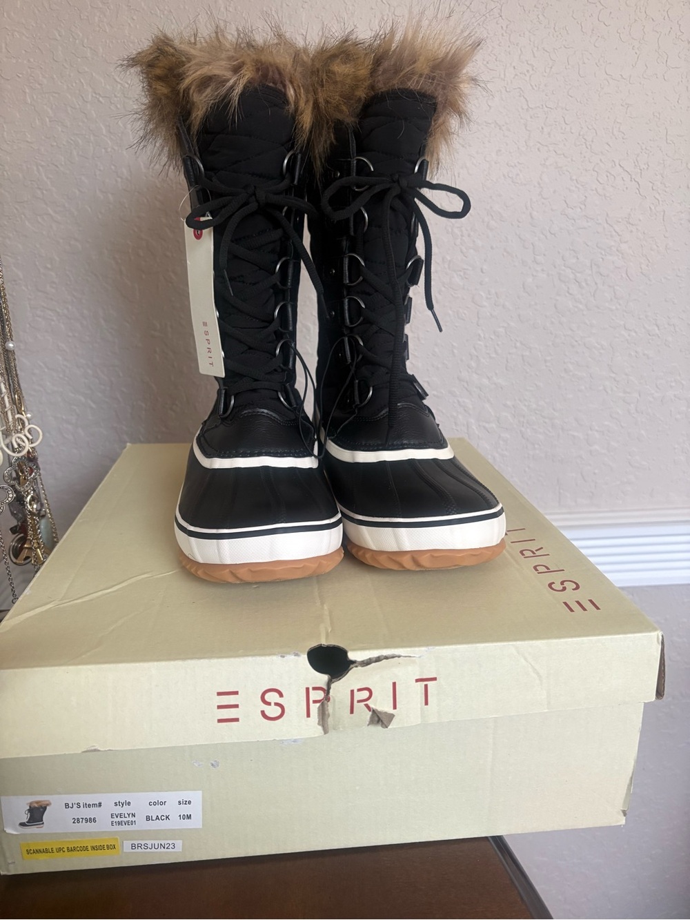 Esprit Black Lace-Up Winter Boots with Faux Fur Trim